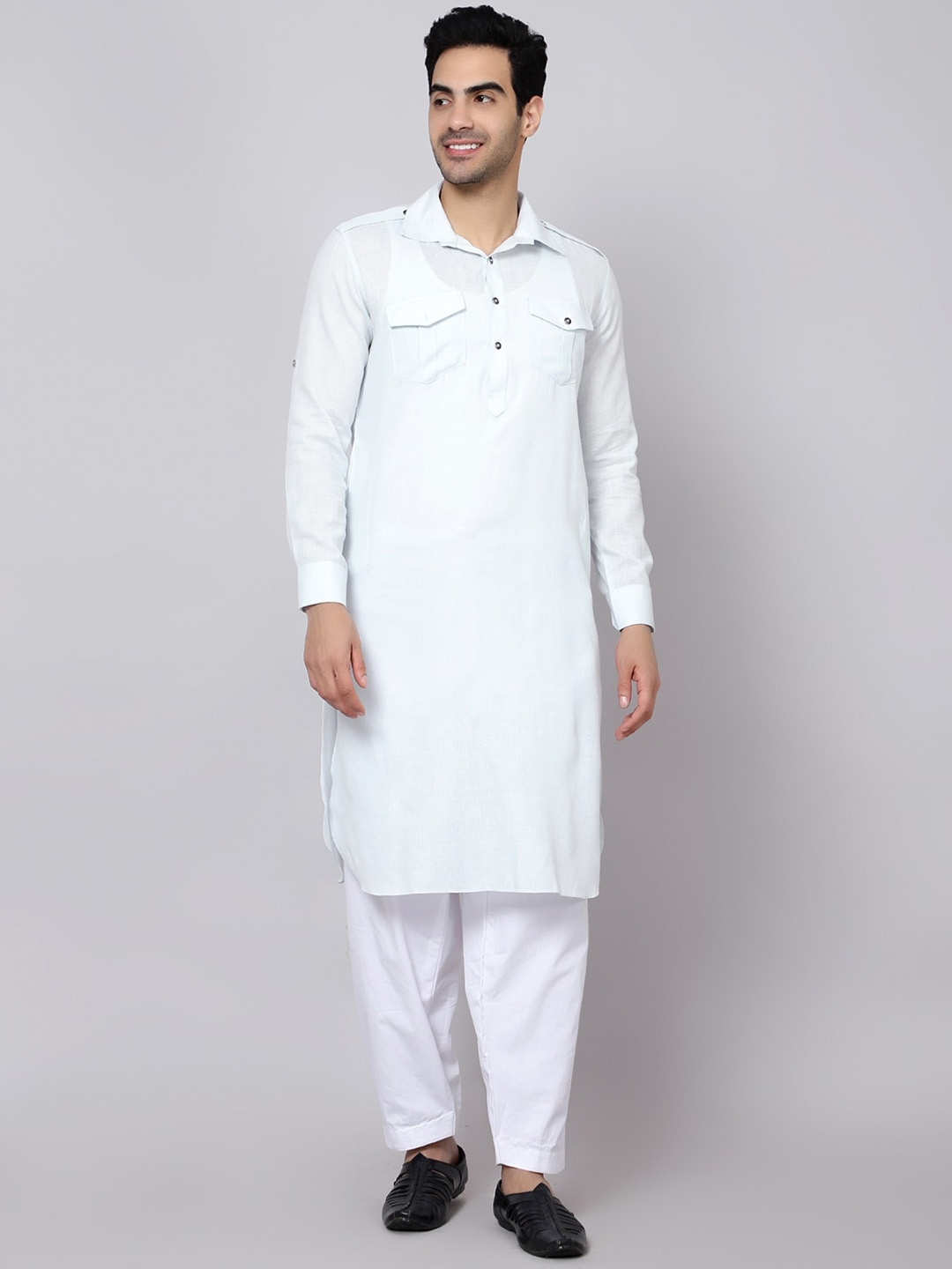 

Sultan The King Of Kurta Shirt Collar Pathani Kurta with Pyjamas, Blue