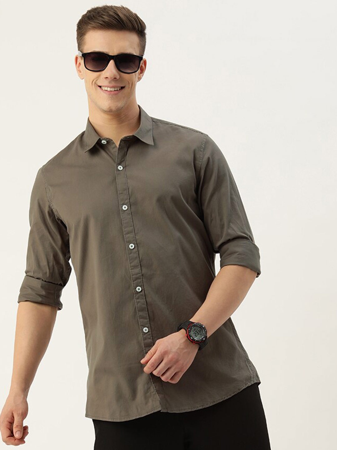 

POP CULTURE Spread Collar Slim Fit Cotton Casual Shirt, Brown