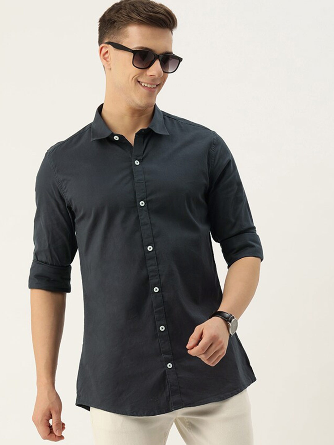 

POP CULTURE Spread Collar Slim Fit Cotton Casual Shirt, Charcoal