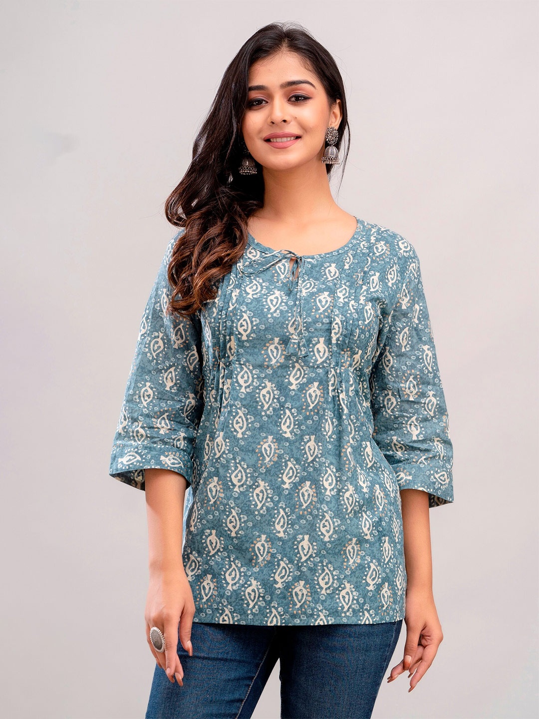 

METRO-FASHION Ethnic Motif Printed Keyhole Neck Cotton Top, Teal