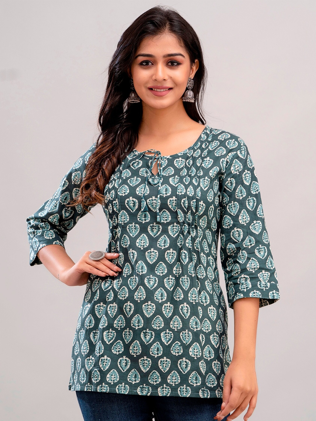 

METRO-FASHION Ethnic Motif Printed Keyhole Neck Cotton Top, Teal