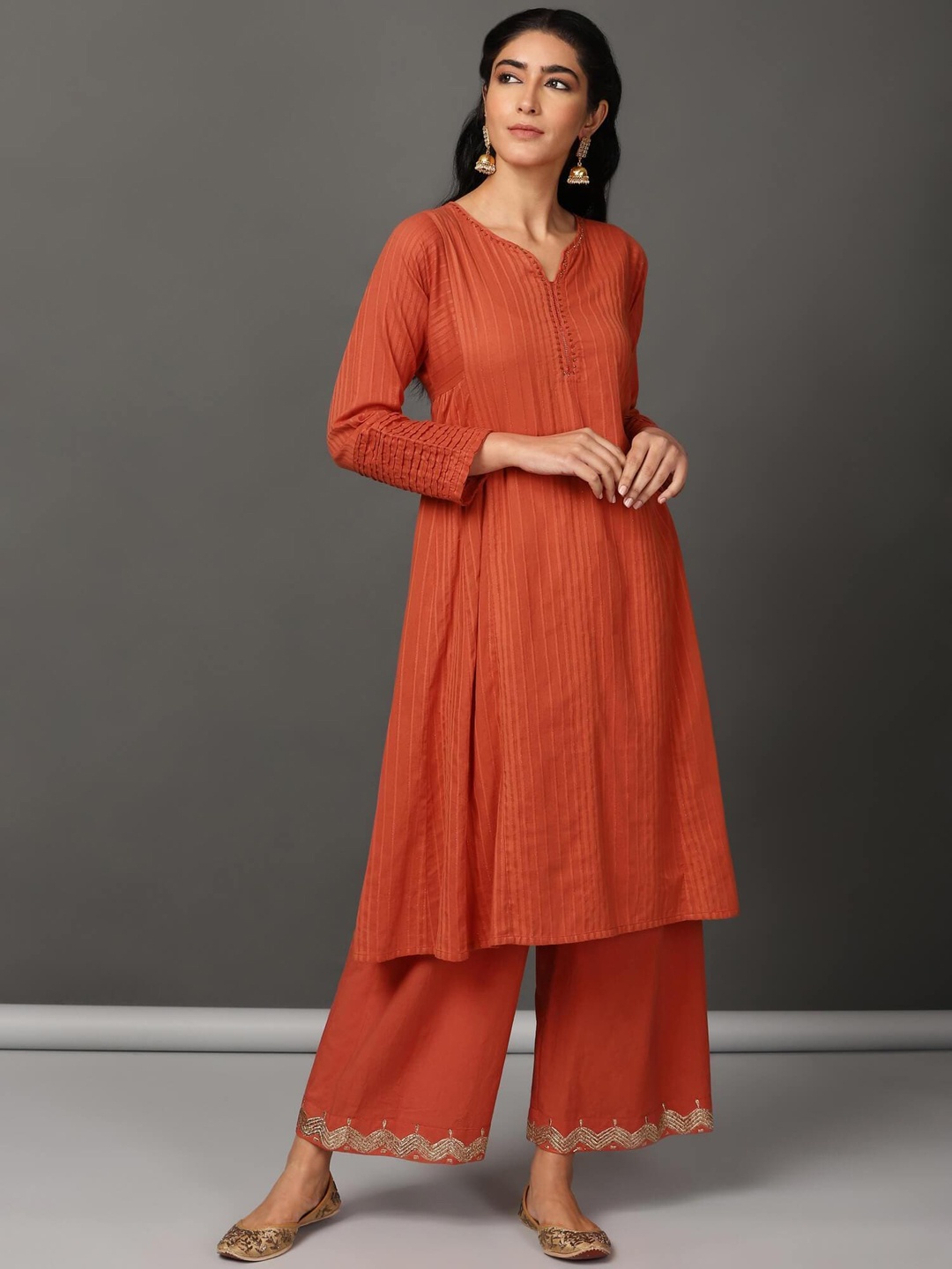 

NUHH Striped Beads and Stones Pure Cotton Kurta With Palazzos, Rust