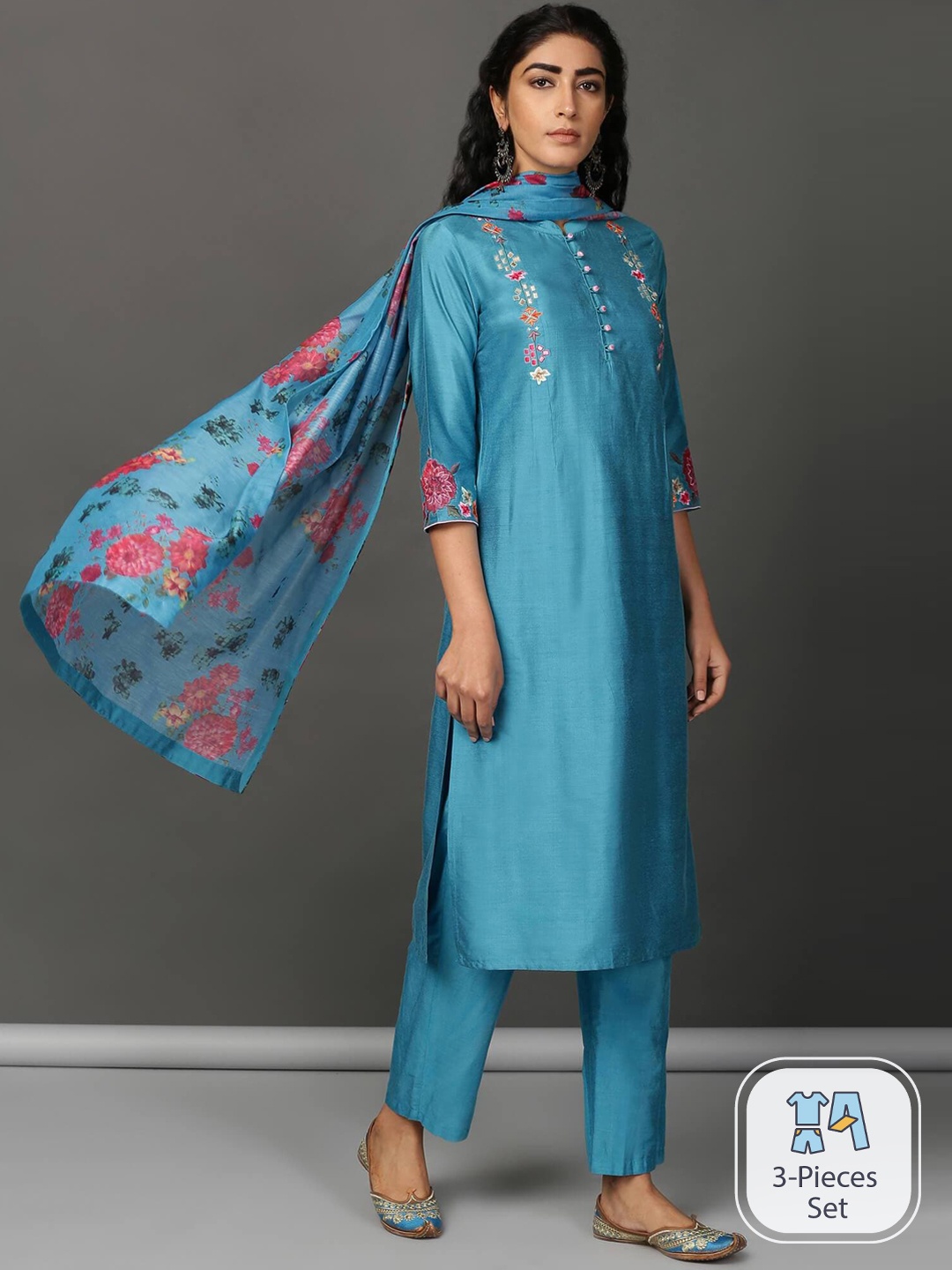 

NUHH Floral Yoke Design Mandarin Collar Kurta With Trousers & Dupatta, Blue