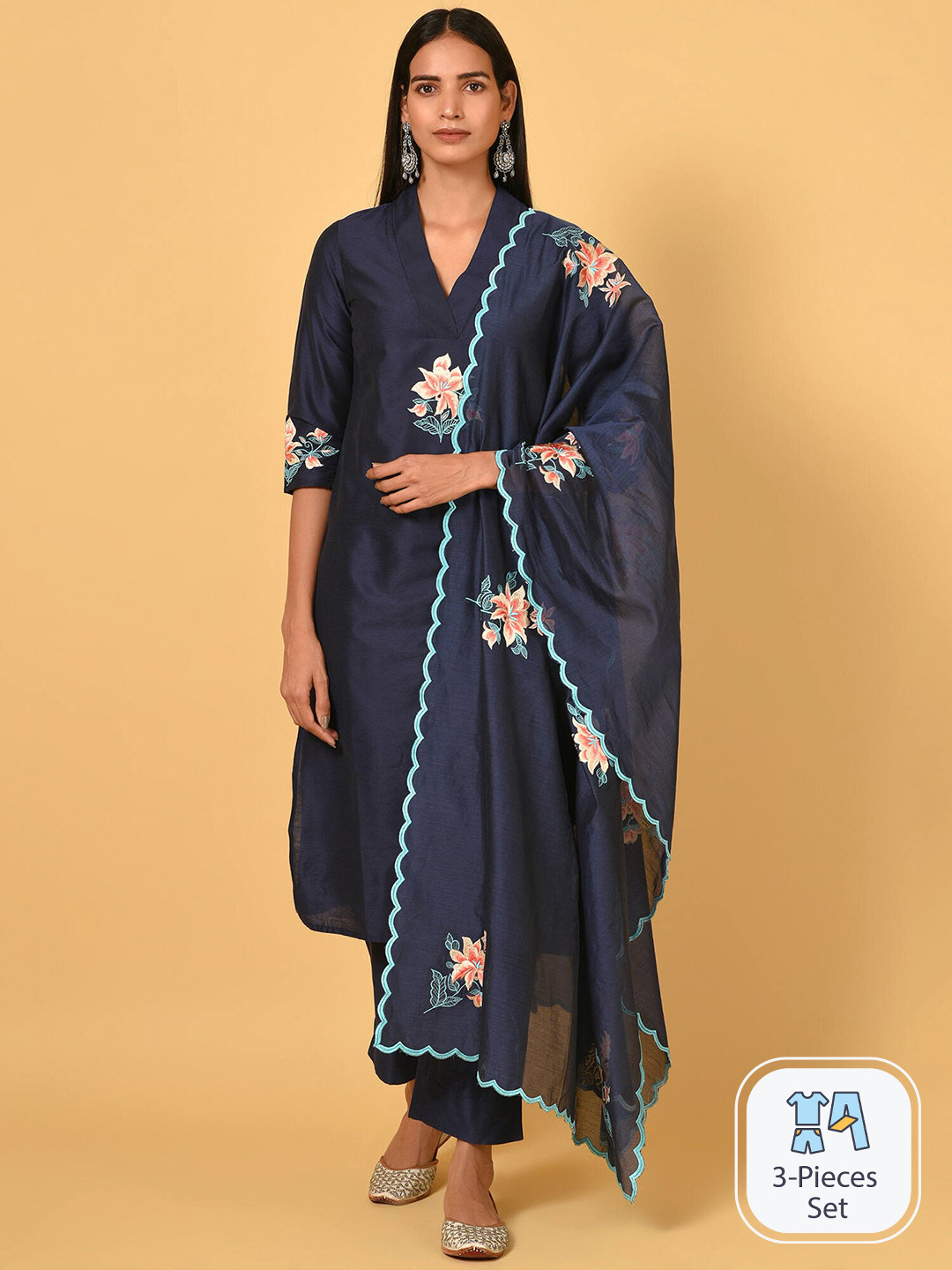 

NUHH Floral Embroidered Thread Work Regular Kurta with Trousers & Dupatta, Navy blue