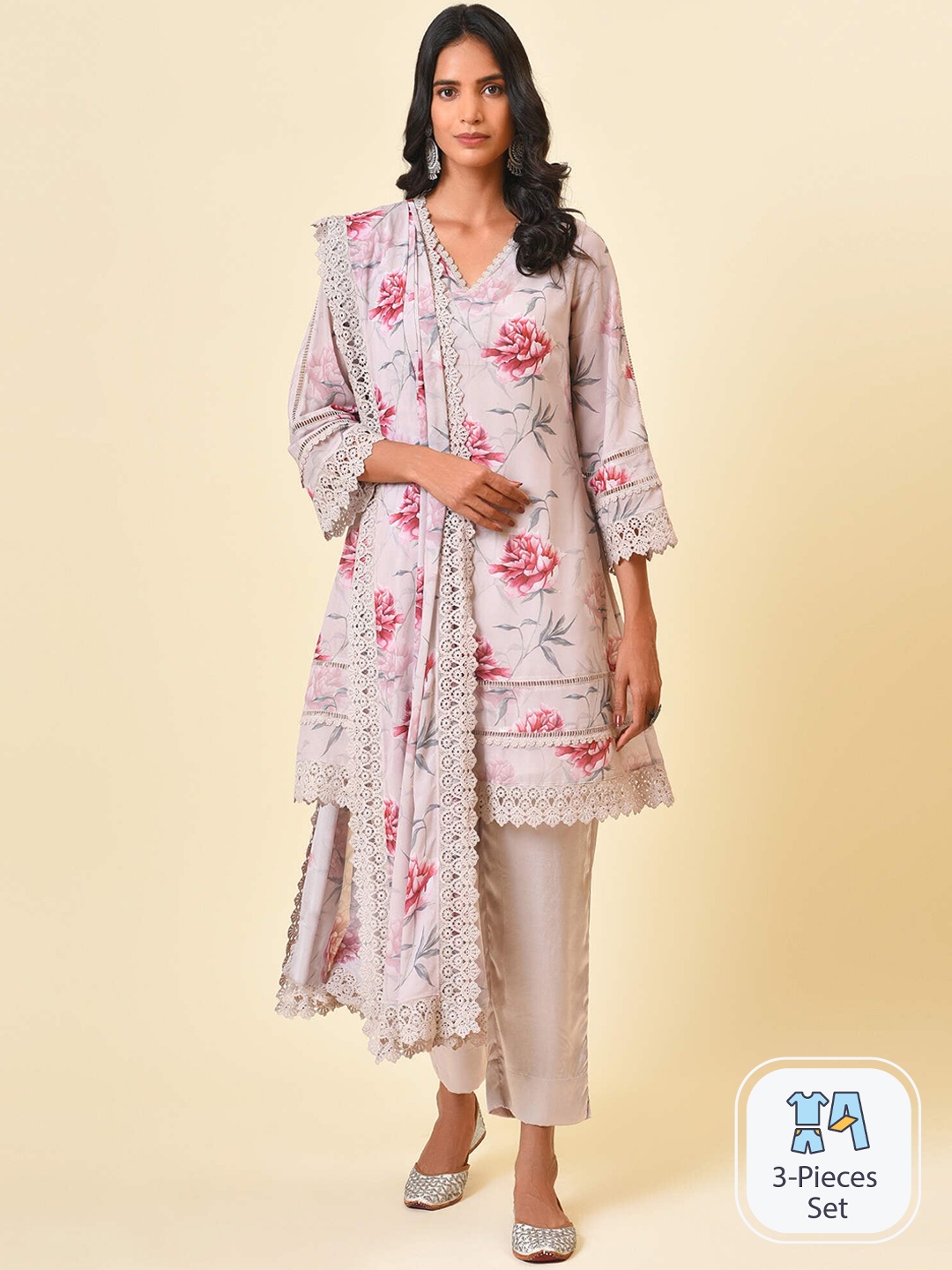 

NUHH Women Floral Printed V-Neck A-Line Kurta With Trousers & Dupatta, Pink