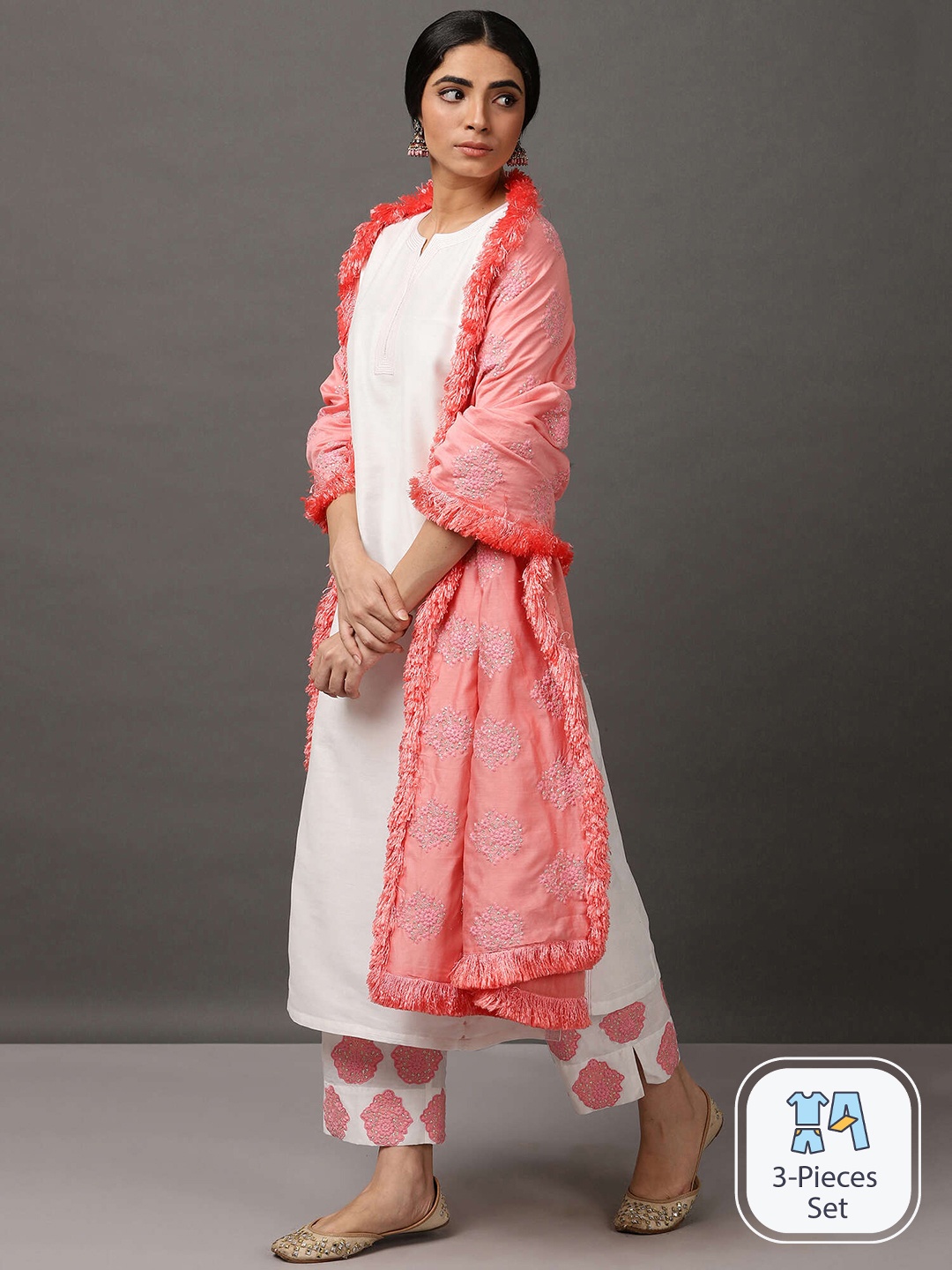 

NUHH Embroidered Regular Kurta with Palazzos & Dupatta, White