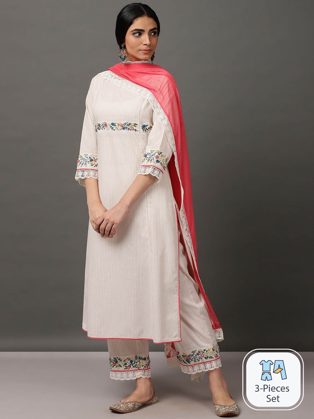 

NUHH Striped Thread Work Pure Cotton Kurta With Trousers & Dupatta, Off white