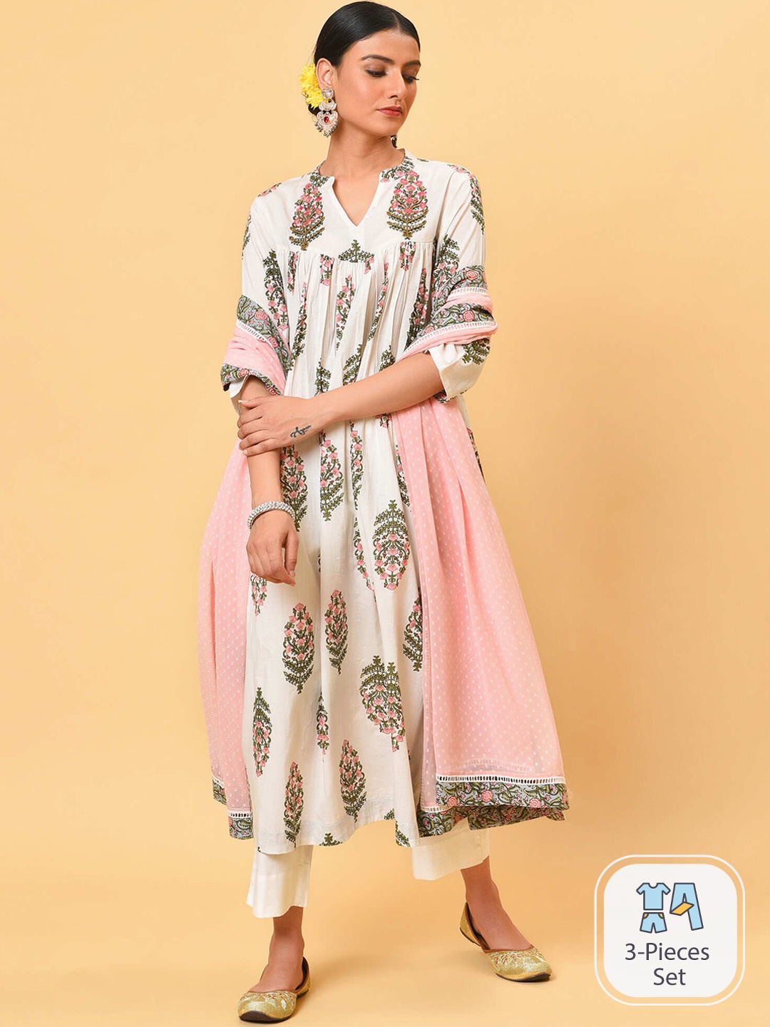 

NUHH White Ethnic Motifs Printed Pure Cotton Empire Kurta With Trousers & Dupatta