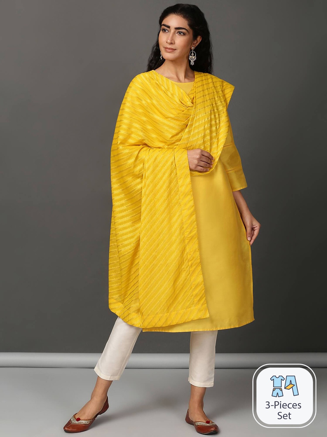 

NUHH Round Neck Straight Kurta With Trousers & Dupatta, Yellow