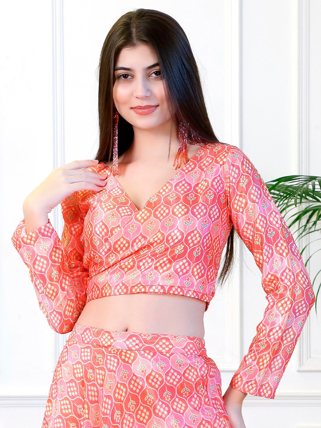 

NEUDIS Ethnic Motifs Printed Wrap Crop Top, Peach