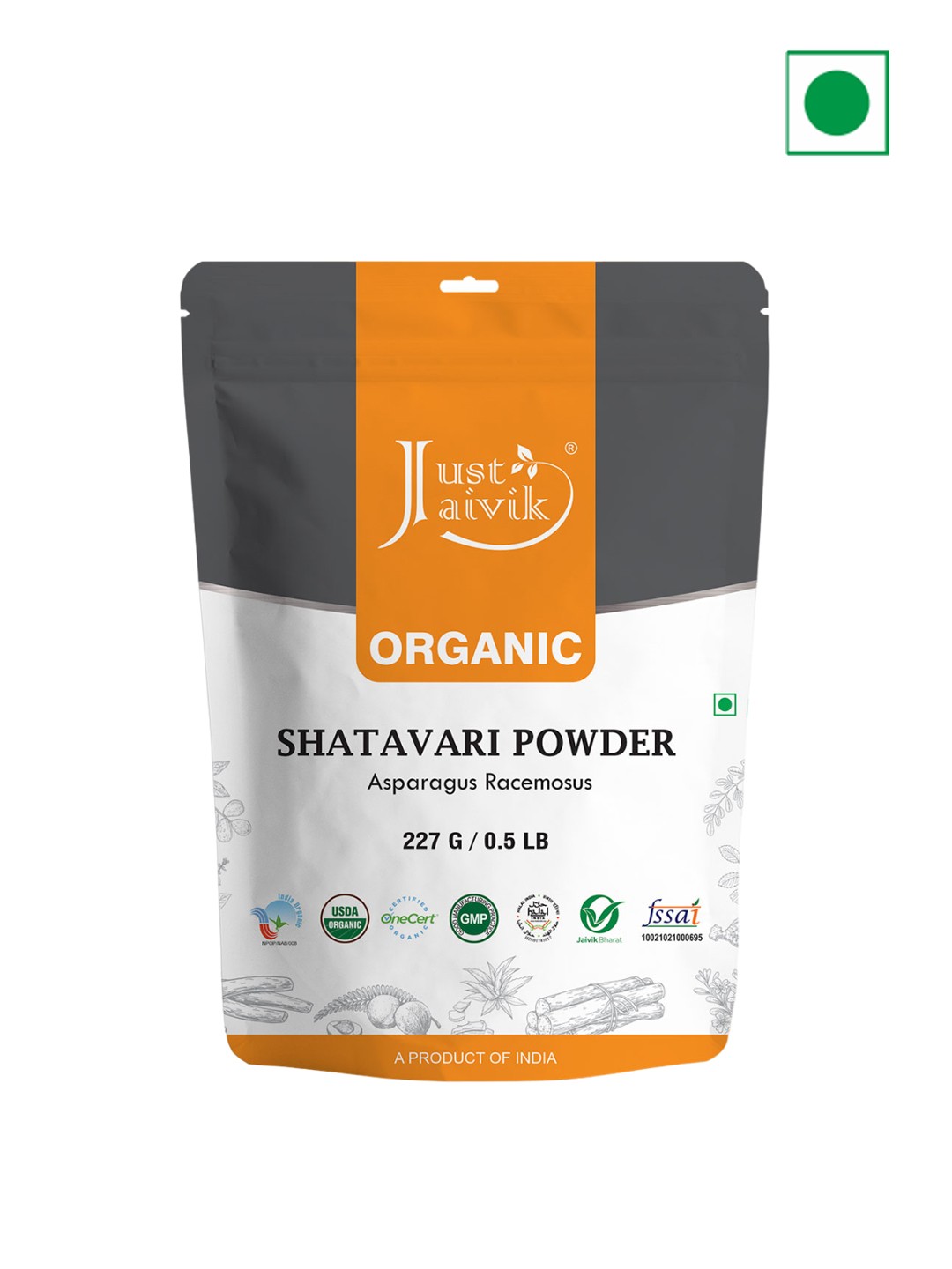 

Just Jaivik Organic Shatavari Powder For Rejuvenative Vata and Pitta - 227g, Orange