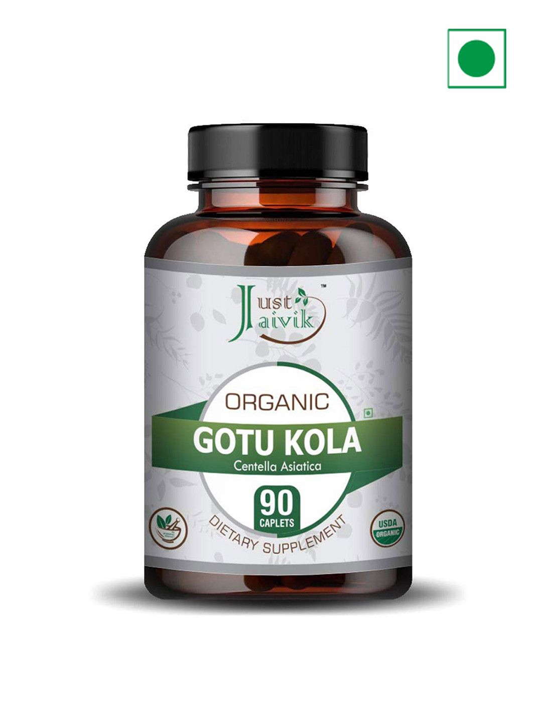 

Just Jaivik Organic Gotu Kola Dietary Supplement For Healthy Brain Function - 90 Caplets, Grey
