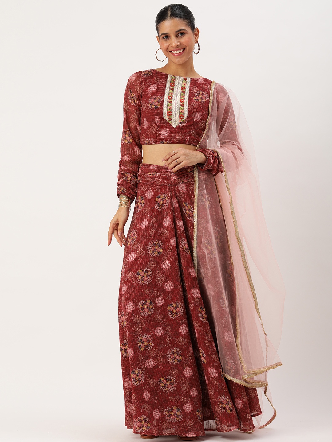 

Ethnovog Embroidered Sequinned Ready to Wear Lehenga & Blouse With Dupatta, Burgundy