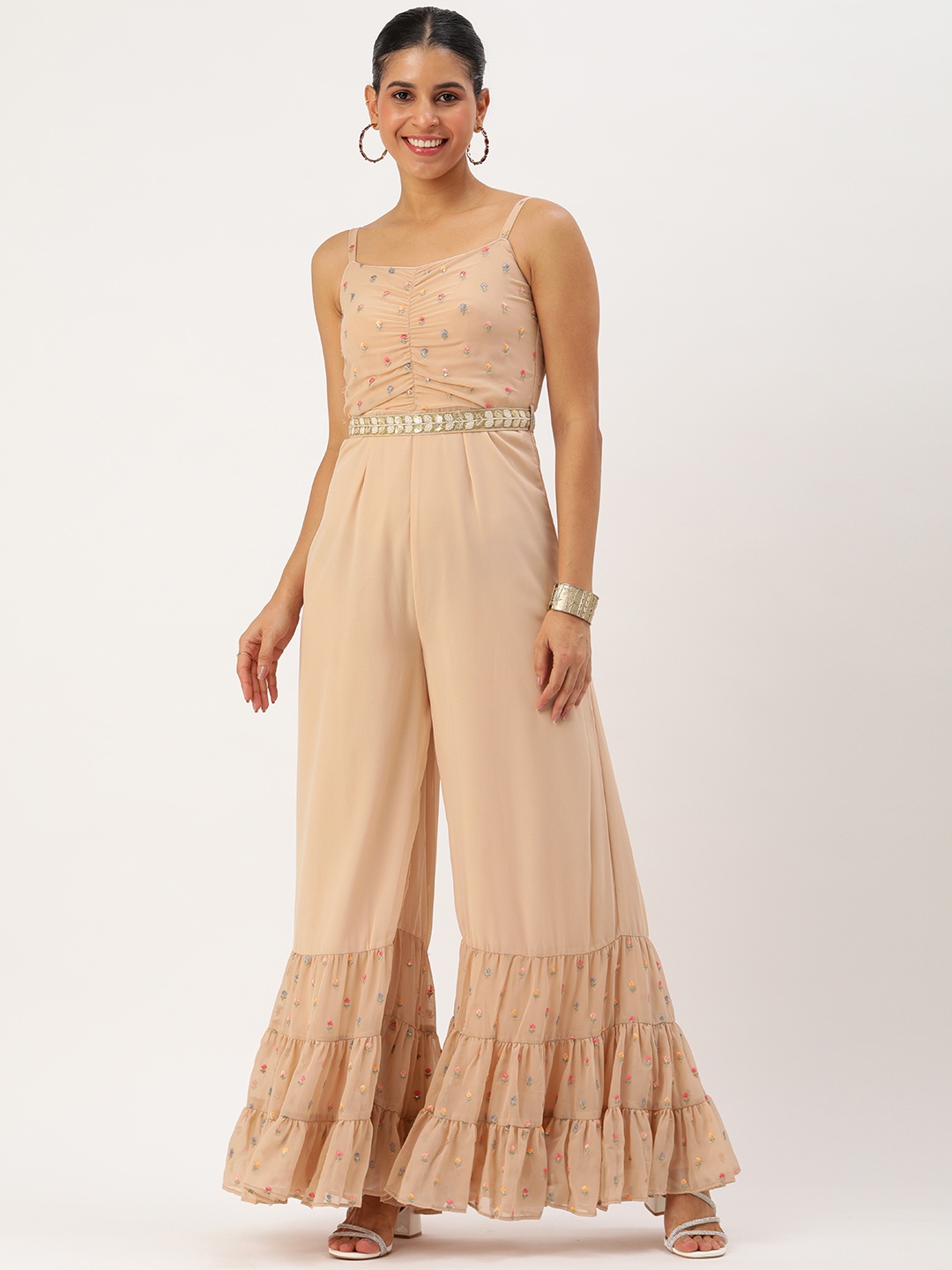 

Ethnovog Embroidered Culotte Jumpsuit with Belt, Peach