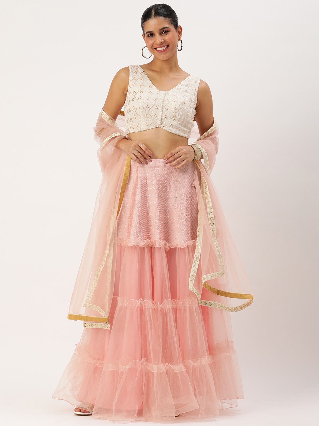 

Ethnovog Embroidered Sequinned Ready to Wear Lehenga & Blouse With Dupatta, Off white
