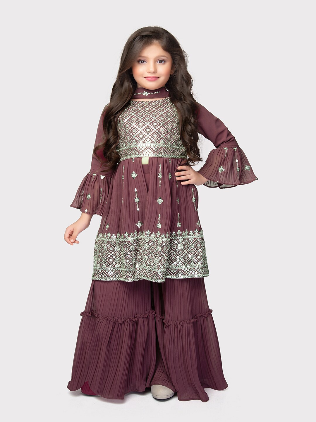 

BETTY Girls Ethnic Motifs Embroidered Sequinned A-Line Kurta & Sharara With Dupatta, Magenta