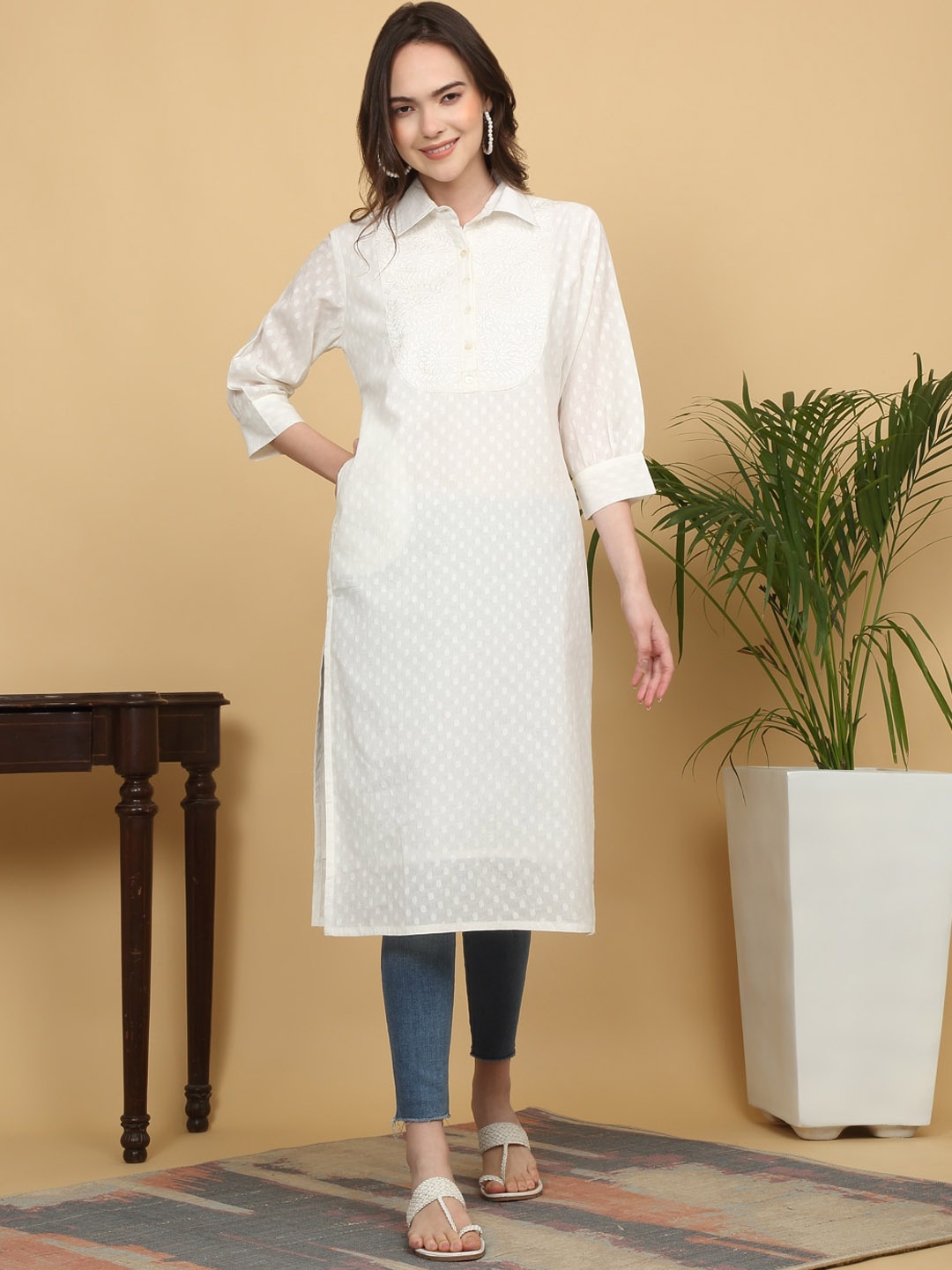 

KALINI Geometric Printed Shirt Collar Thread Work Cotton Straight Kurta, White