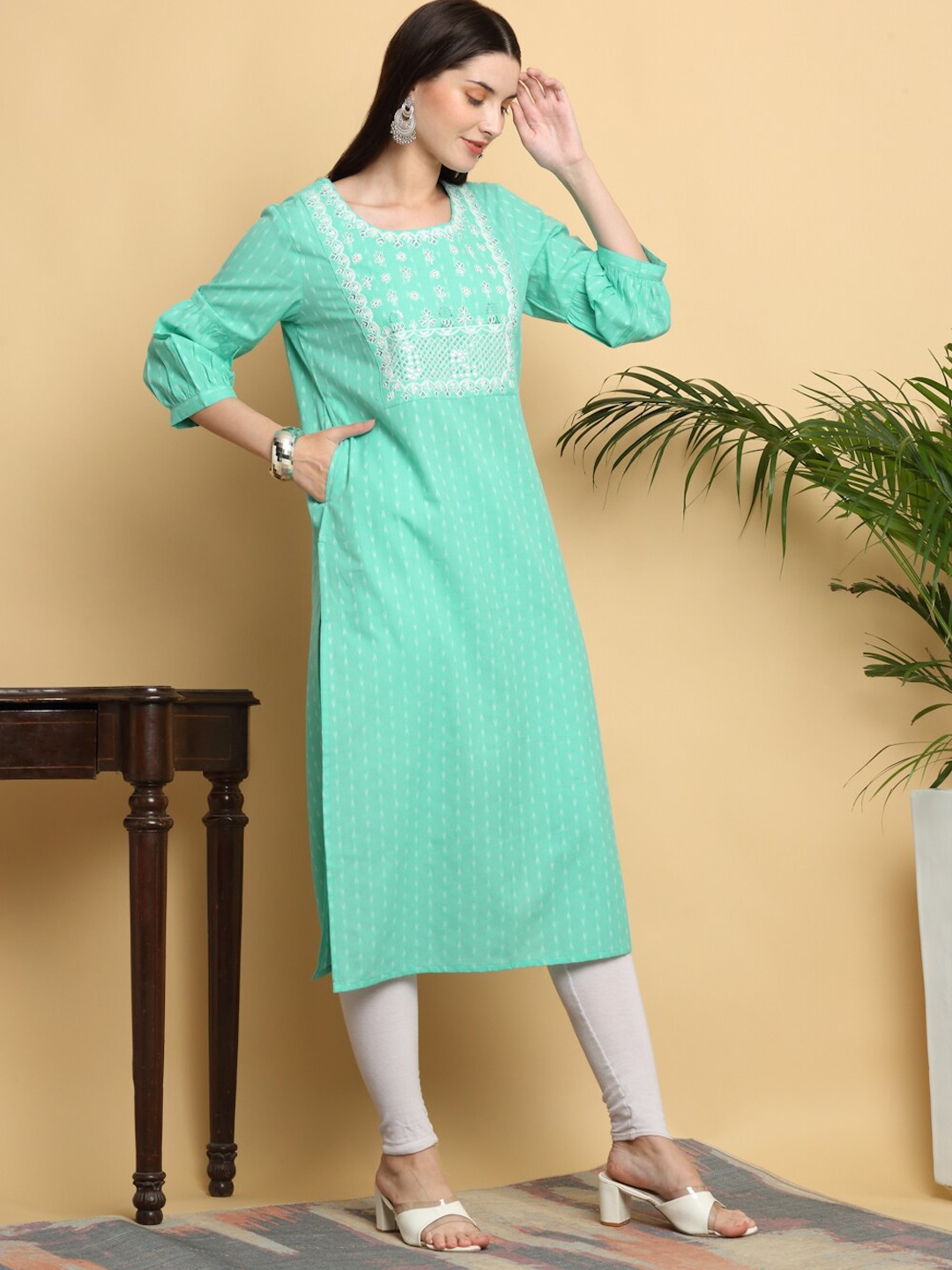 

KALINI Floral Embroidered Yoke Design Round Neck Straight Cotton Kurta, Green