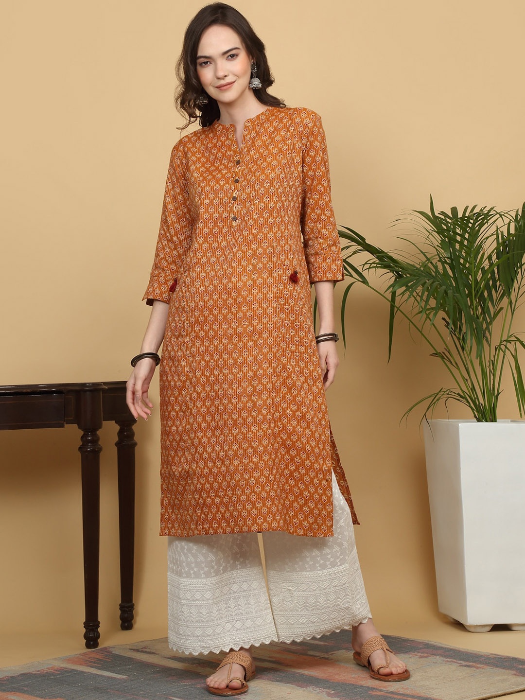 

KALINI Floral Printed Mandarin Collar Straight Cotton Kurta, Brown