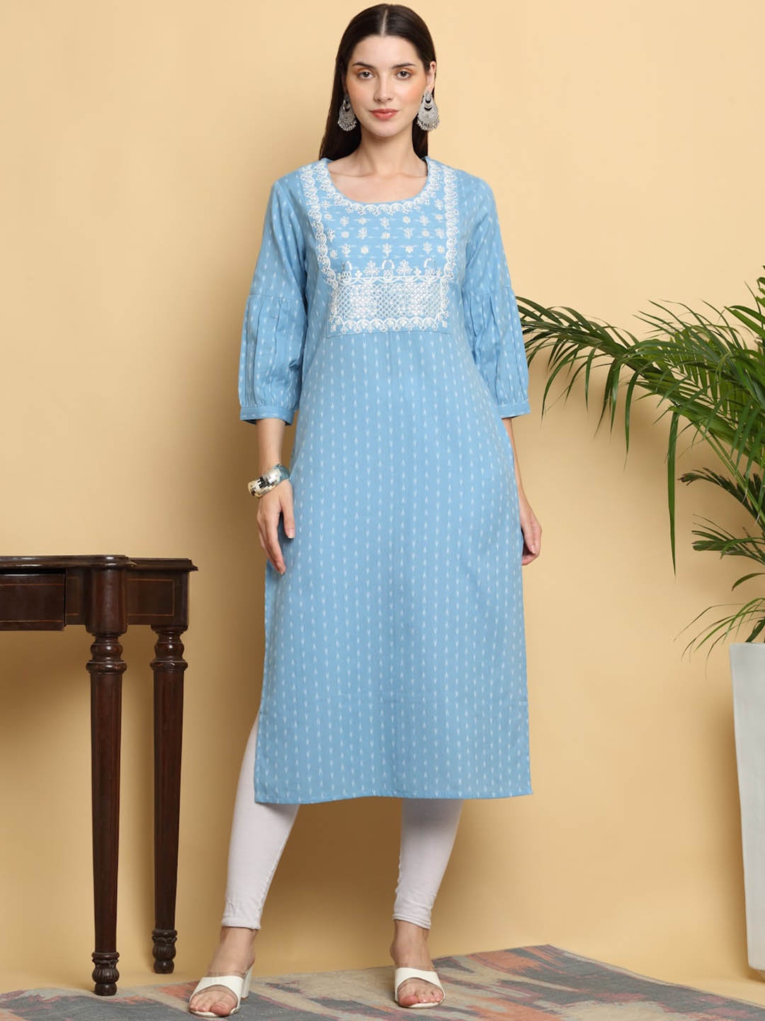 

KALINI Floral Embroidered Yoke Design Round Neck Straight Cotton Kurta, Blue