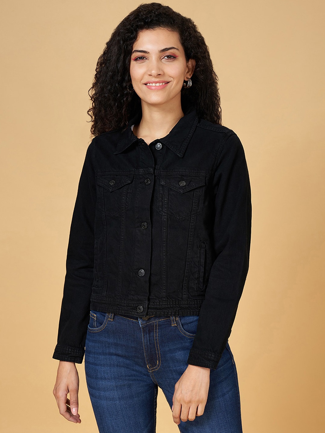 

People Spread Collar Pure Cotton Denim Jacket, Black