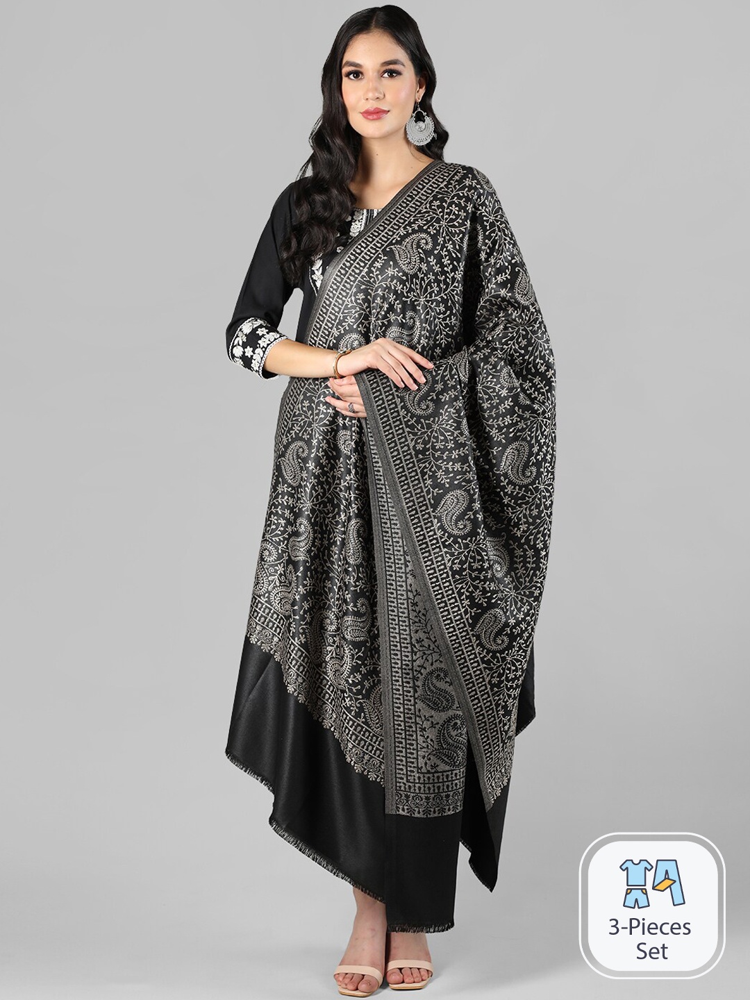 

HANG N HOLD Ethnic Motifs Printed Shawl, Black