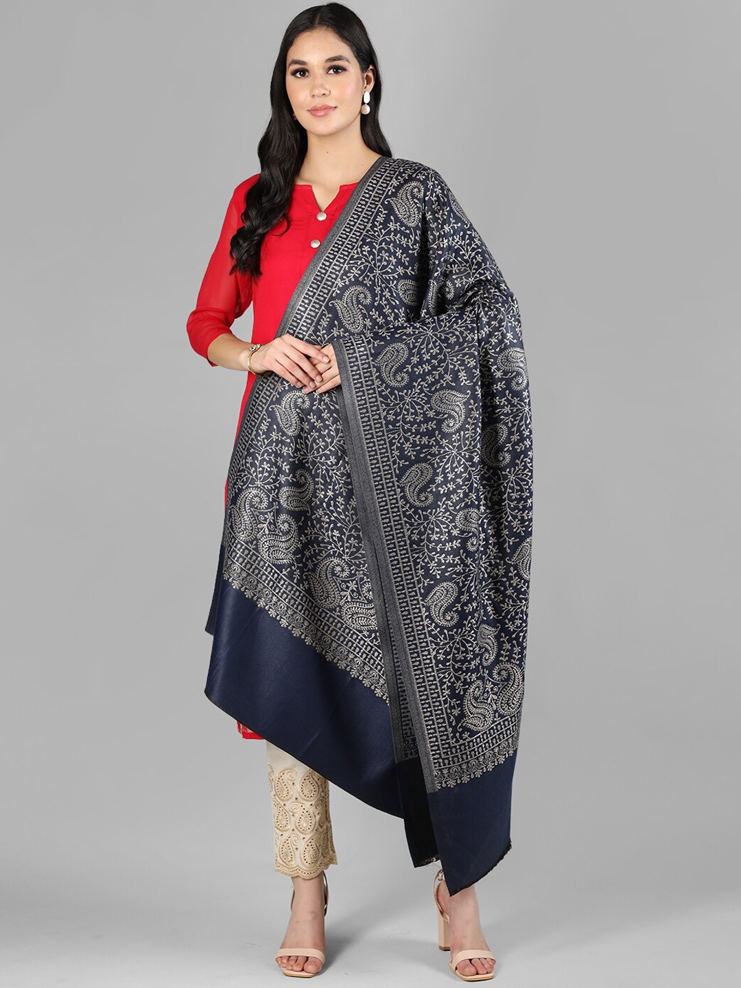 

HANG N HOLD Ethnic Motifs Printed Shawl, Navy blue