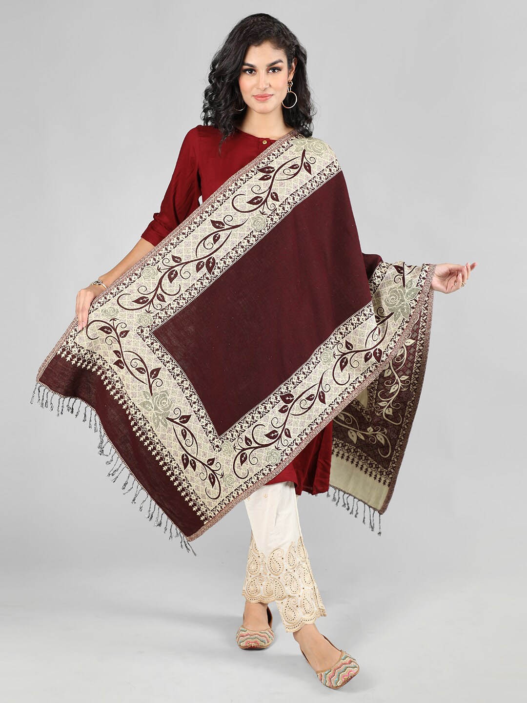 

HANG N HOLD Floral Printed Fringed Shawl, Maroon