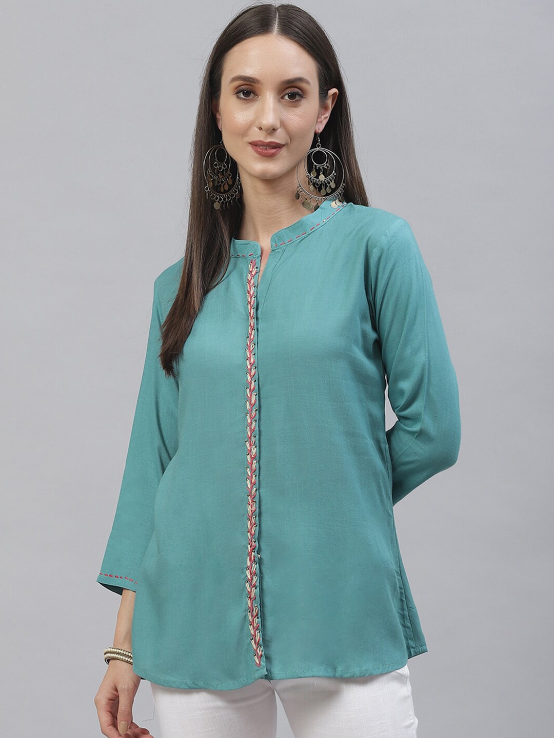 

INDYES Mandarin Collar Top With Embroidered Detail, Blue