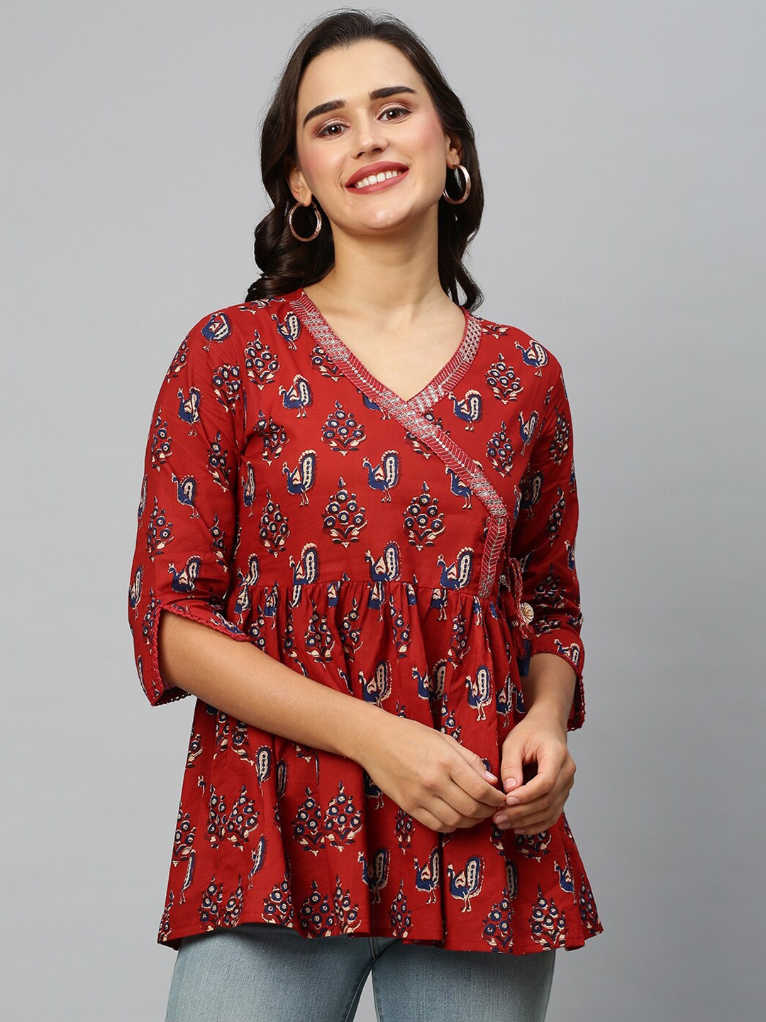 

INDYES Ethnic Motifs Printed Sequined V-Neck Cotton Wrap Top, Red
