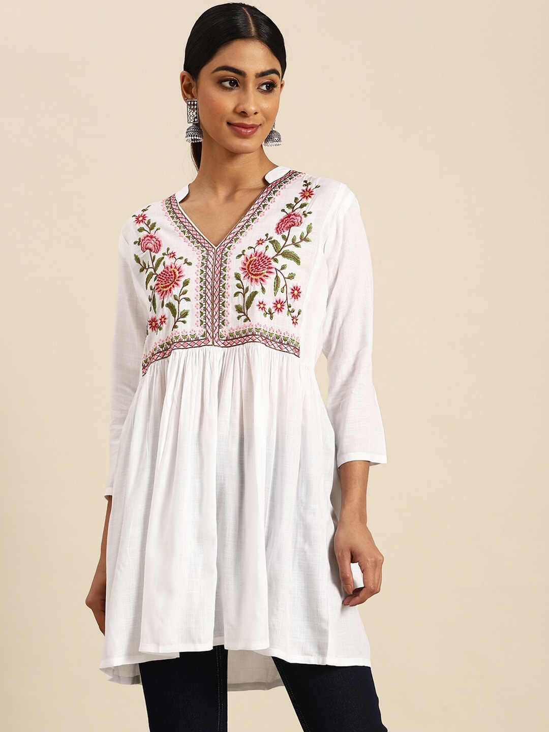 

INDYES Floral Embroidered Mandarin Collar Longline Top, White