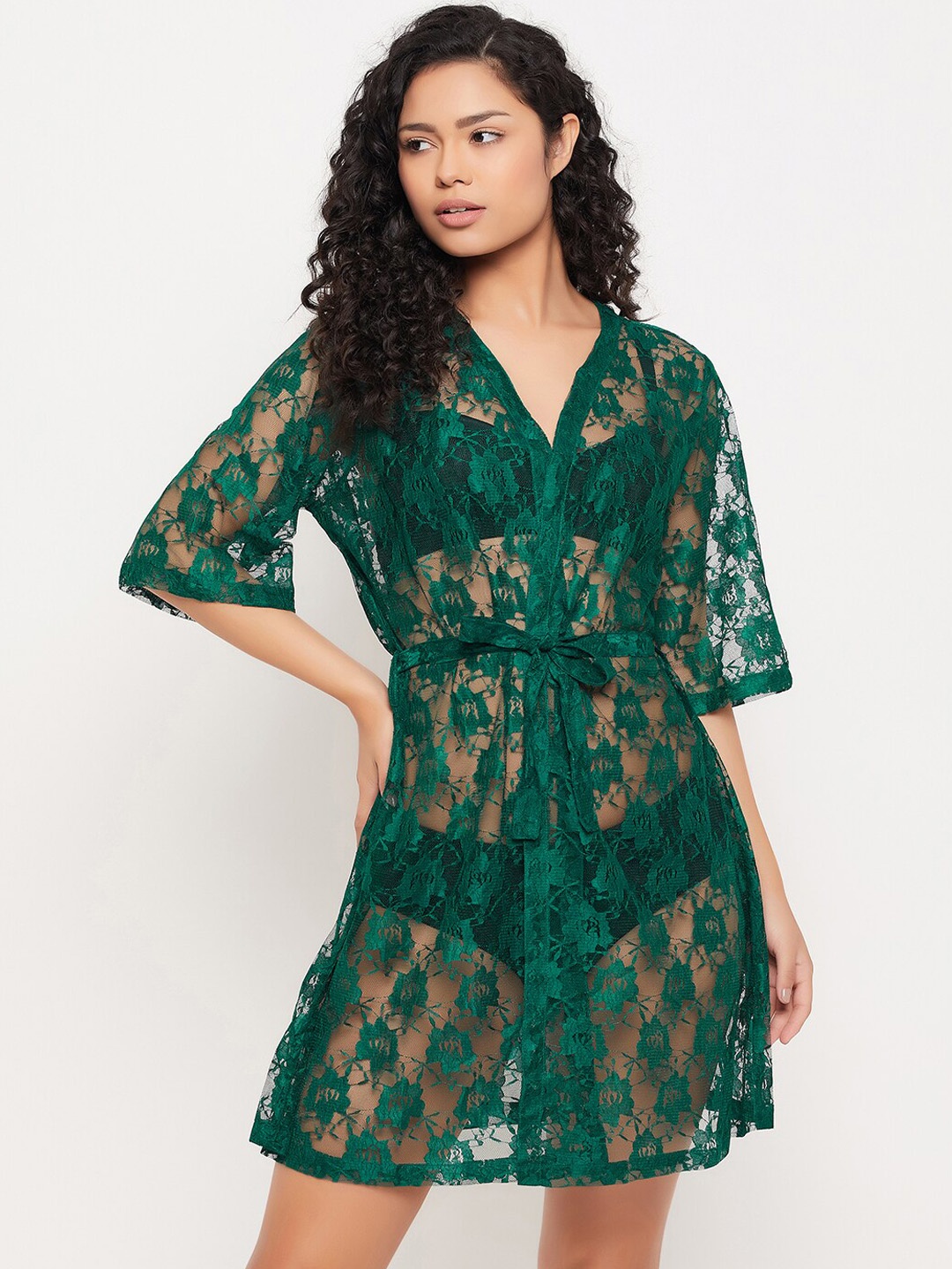 

Clovia Long Sleeves Lace Sheer Robe, Green