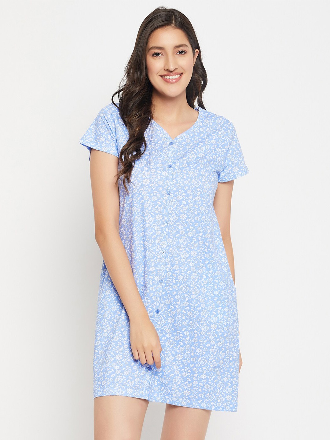 

Clovia Floral Printed V-Neck Nightdress, Blue