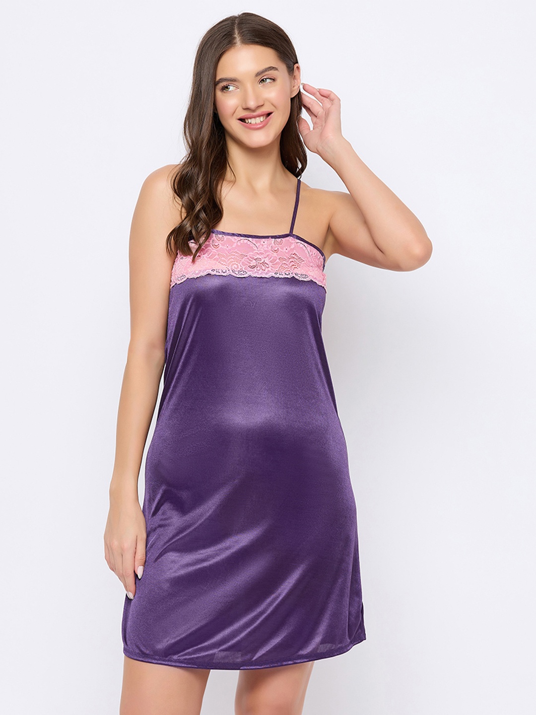 

Clovia Shoulder Straps Sleeveless Satin Nightdress, Purple