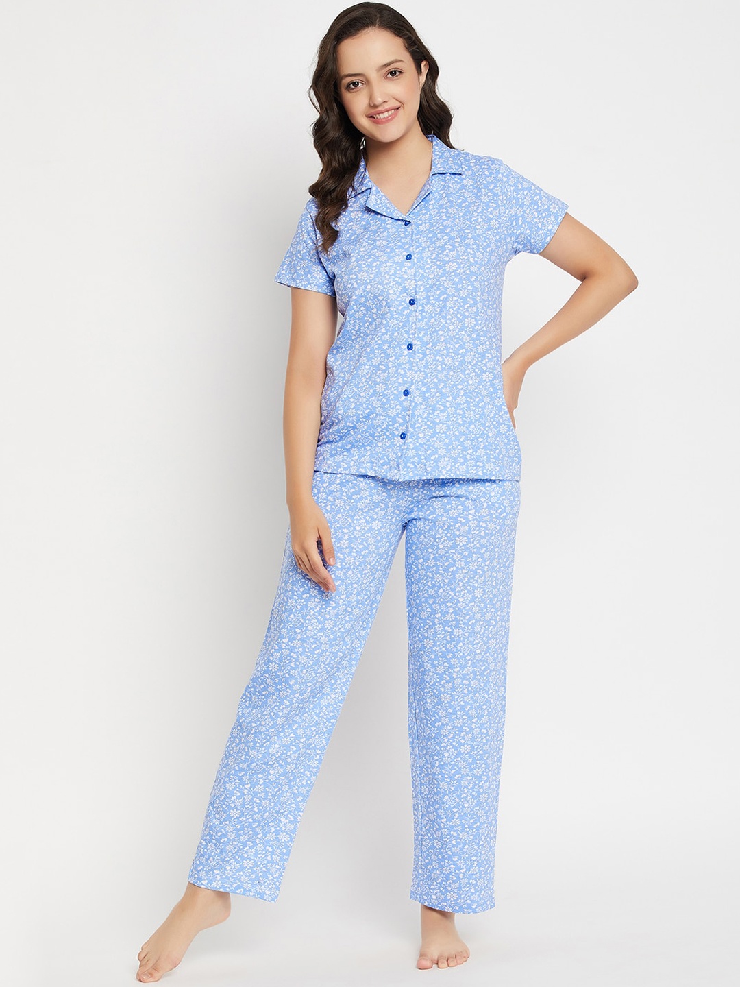 

Clovia Floral Printed Lapel Collar Night suit, Blue