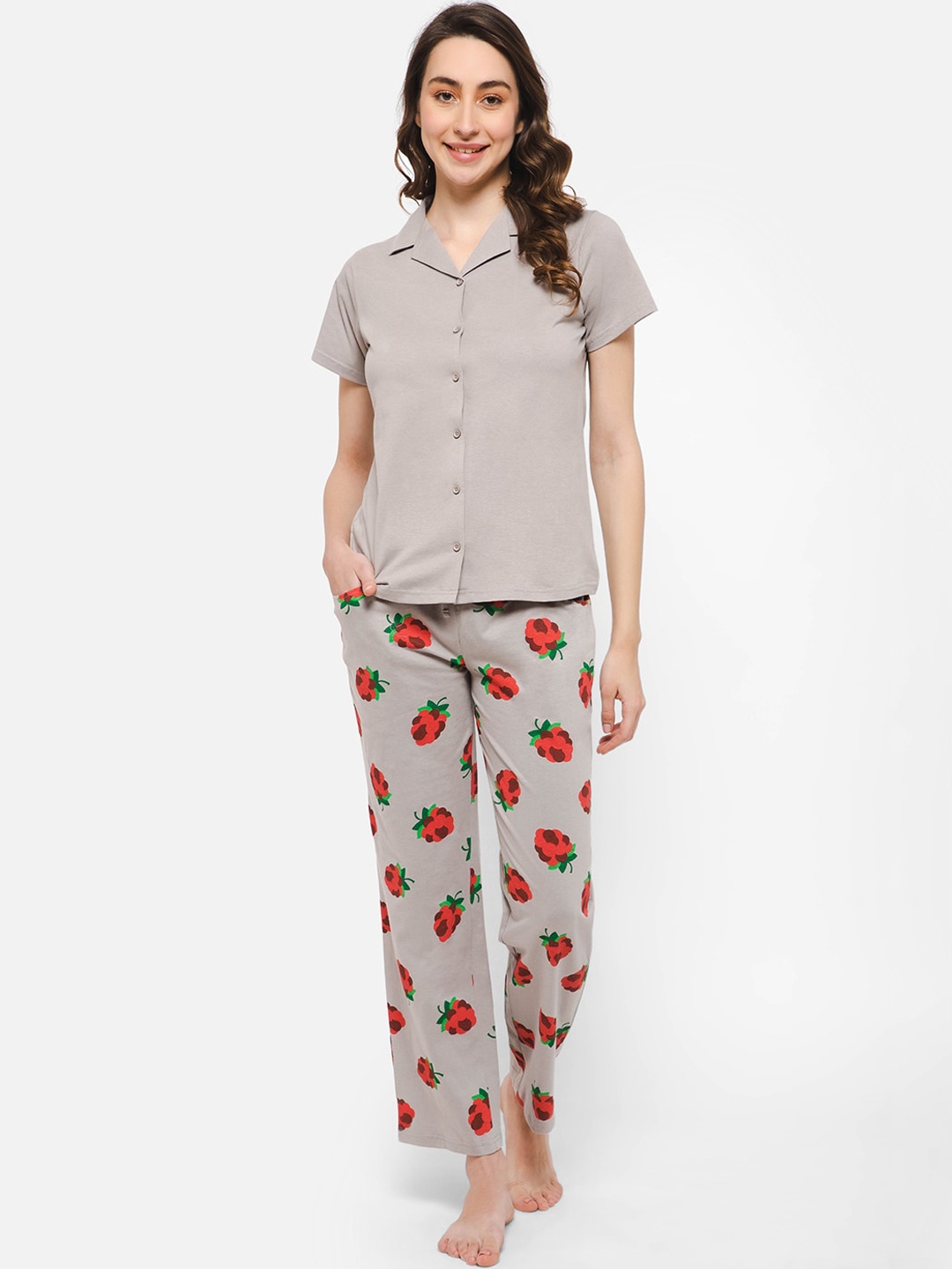 

Clovia Conversational Printed Shirt Collar Shirt & Pyjama, Grey