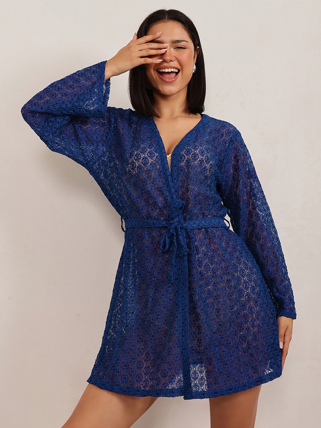 

Clovia Long Sleeves Lace Sheer Robe, Blue