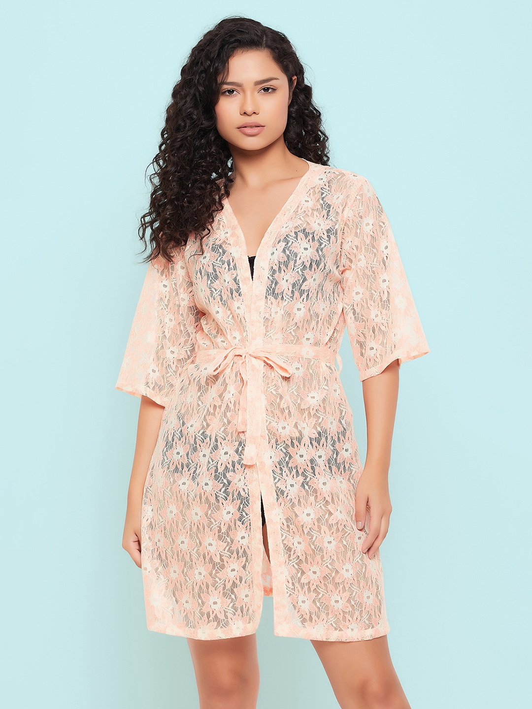 

Clovia Long Sleeves Lace Sheer Robe, Peach