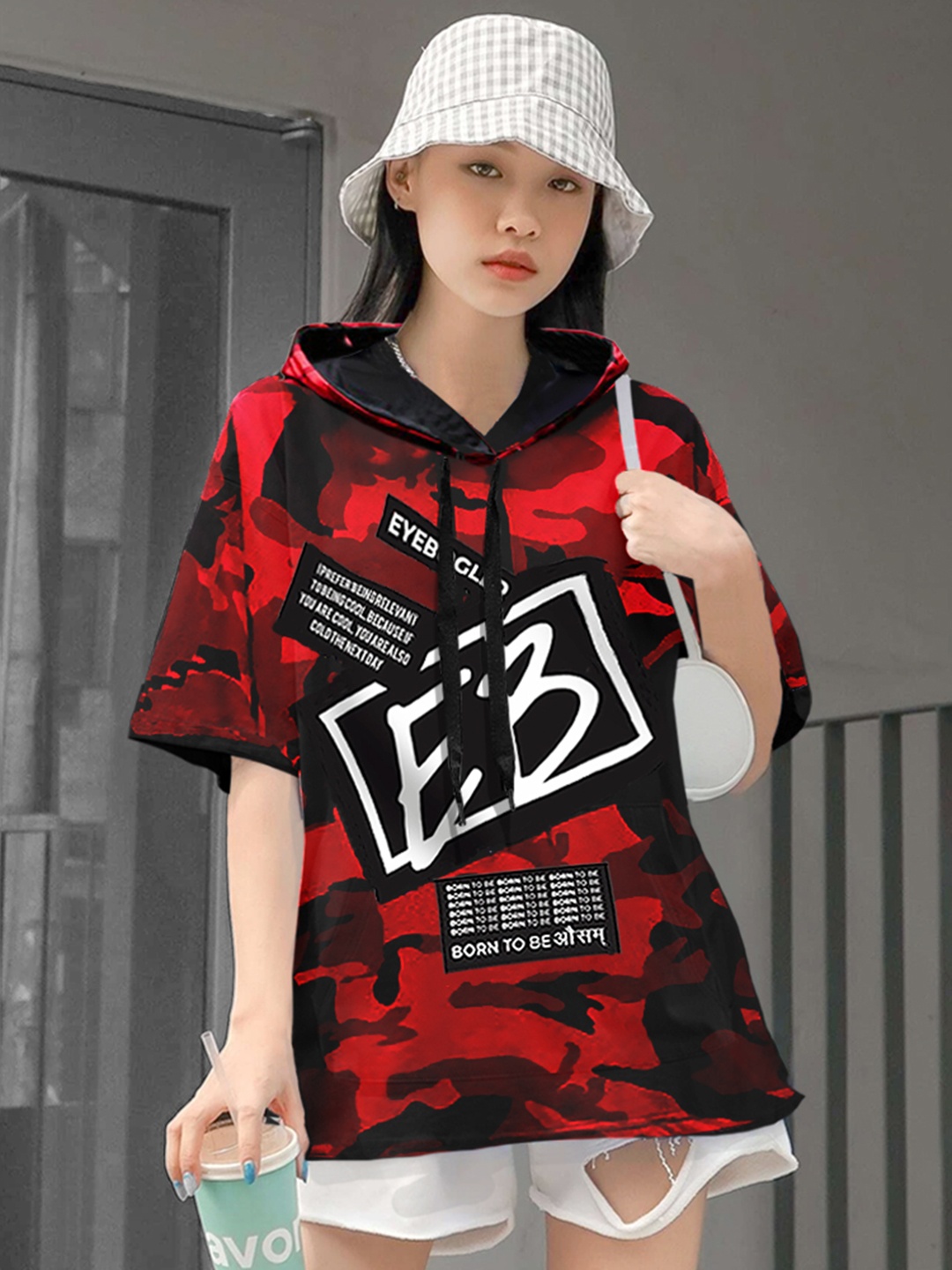 

Eyebogler Camouflage Printed Hooded Oversized Cotton T-shirt, Red