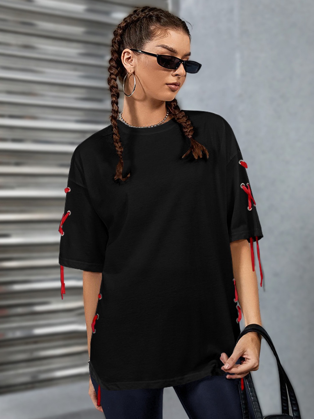 

Eyebogler Drop Shoulder Sleeves Longline Oversized Cotton T-shirt, Black