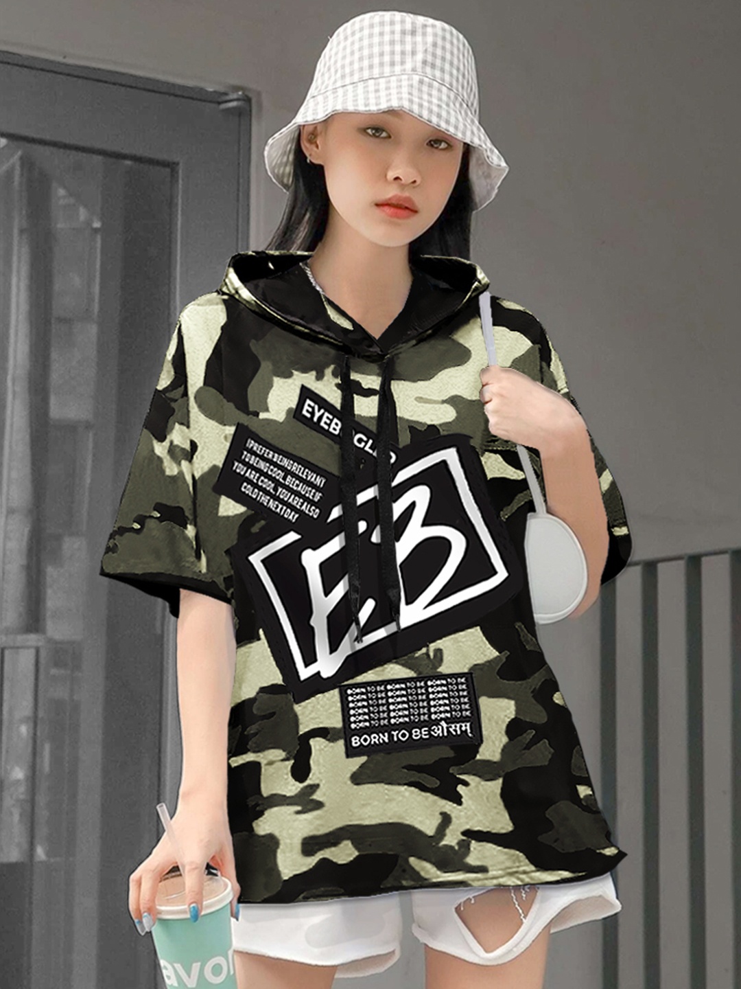 

Eyebogler Camouflage Printed Hooded Cotton Oversized T-shirt, Olive