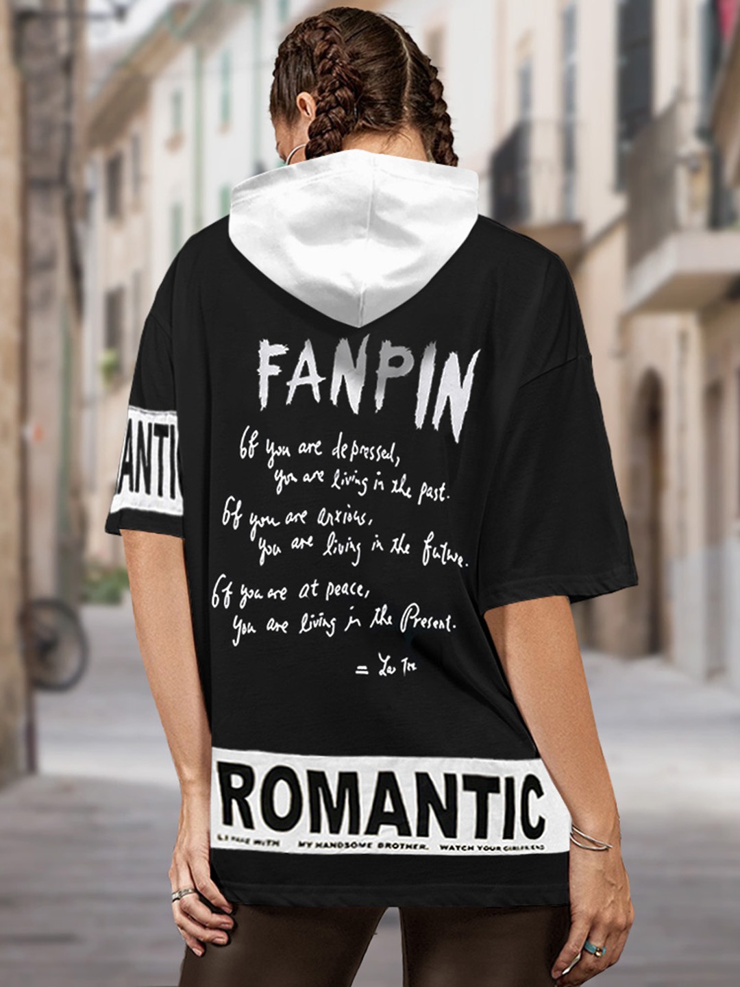 

Eyebogler Typography Printed Hooded Oversized Cotton T-shirt, White