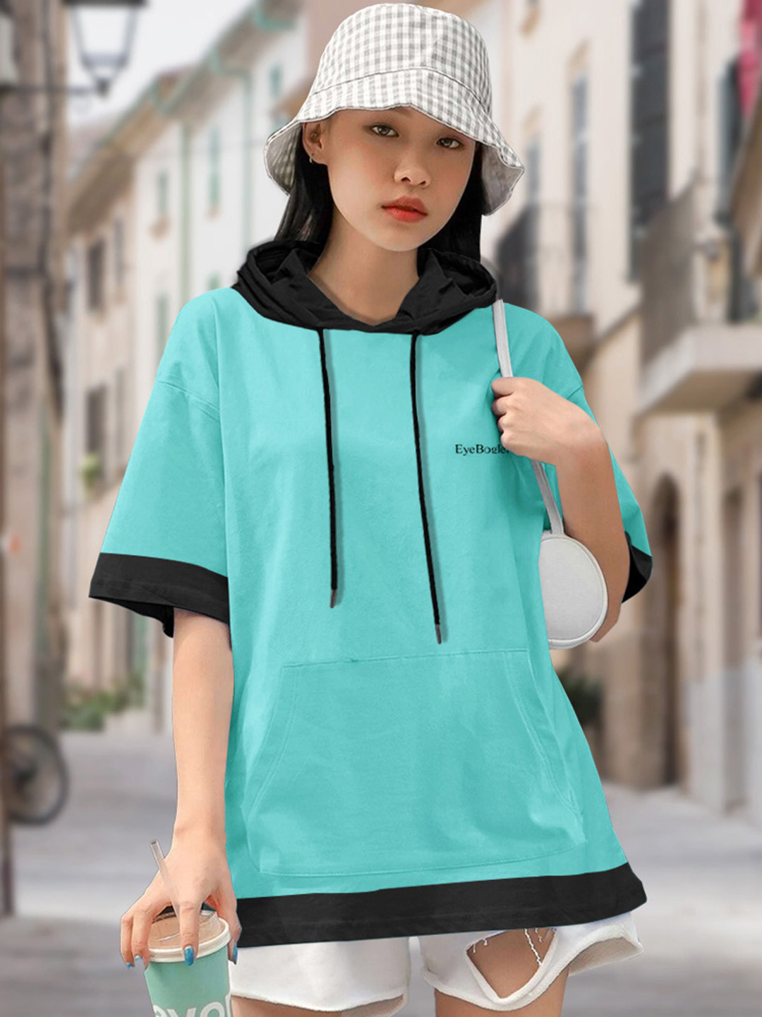 

Eyebogler Hooded Drop-Shoulder Sleeves Pockets Detail Cotton Oversized T-shirt, Turquoise blue