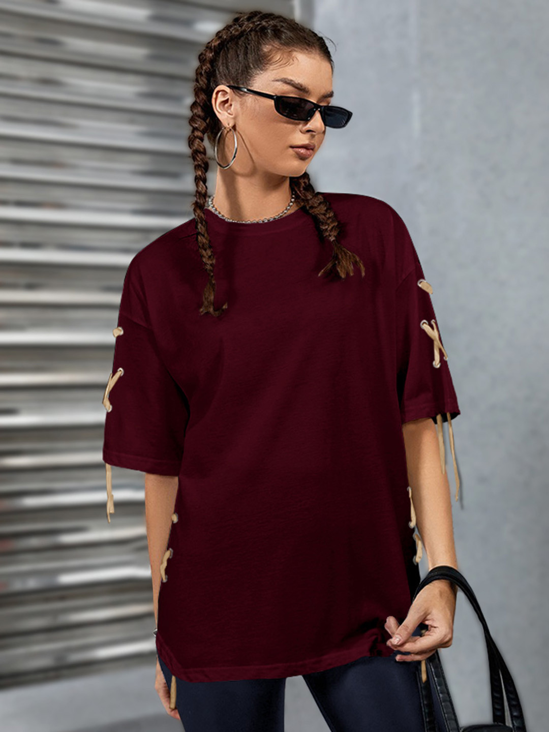 

Eyebogler Drop Shoulder Sleeves Longline Oversized Cotton T-shirt, Maroon