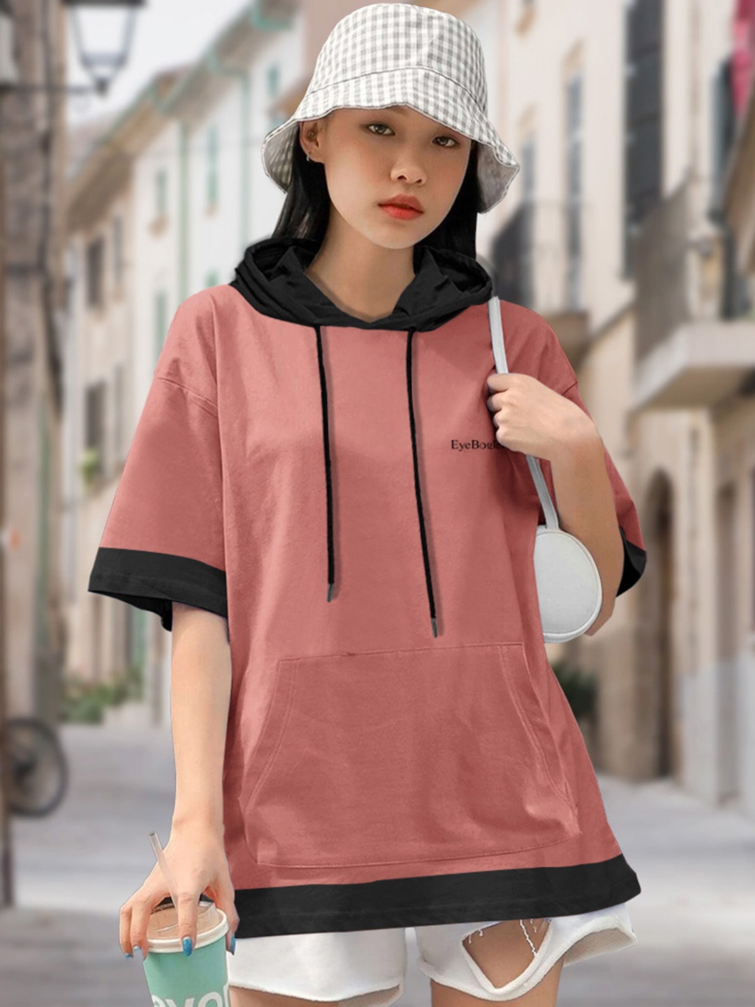 

Eyebogler Hooded Drop-Shoulder Sleeves Pockets Detail Cotton Oversized T-shirt, Peach