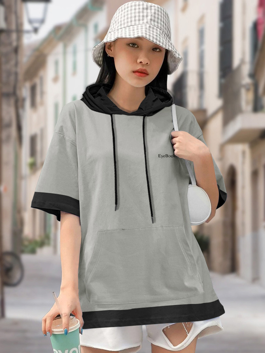 

Eyebogler Drop Shoulder Sleeves Hooded Oversized Cotton T-shirt, Grey