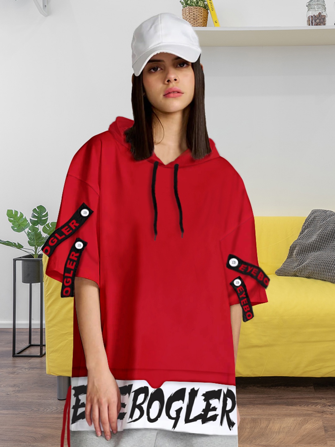 

Eyebogler Typography Printed Drop-Shoulder Sleeves Hooded Cotton Oversized T-shirt, Red