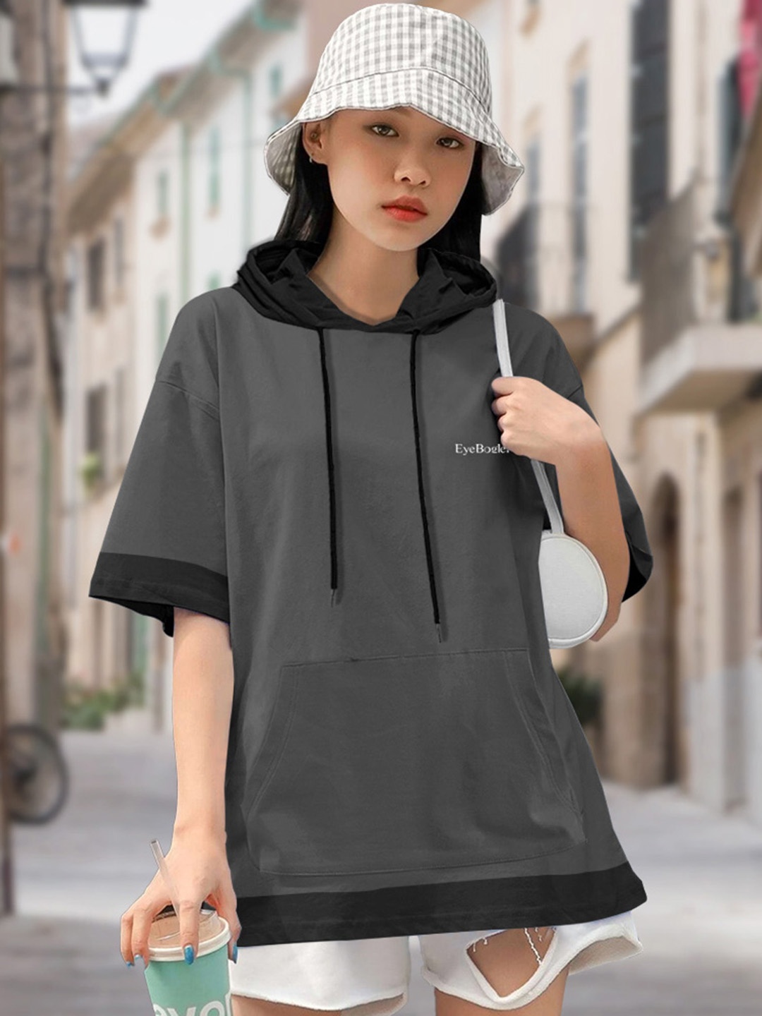 

Eyebogler Hooded Drop-Shoulder Sleeves Pockets Detail Cotton Oversized T-shirt, Charcoal
