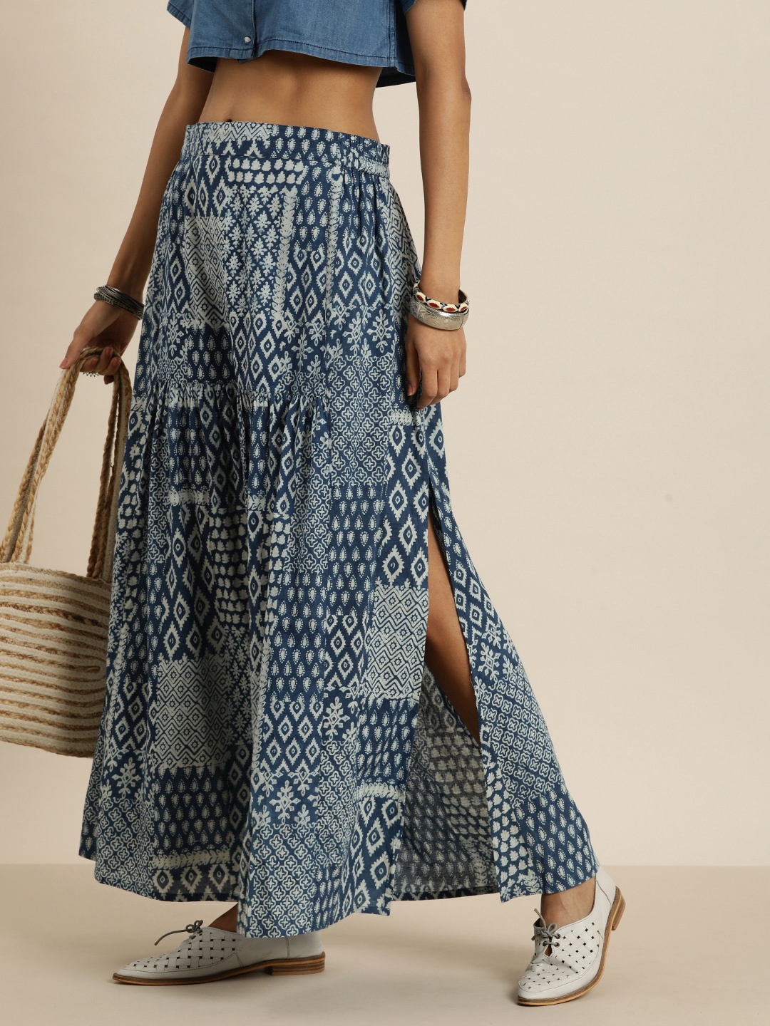 

Taavi Printed Pure Cotton A-Line Maxi Skirt, Blue