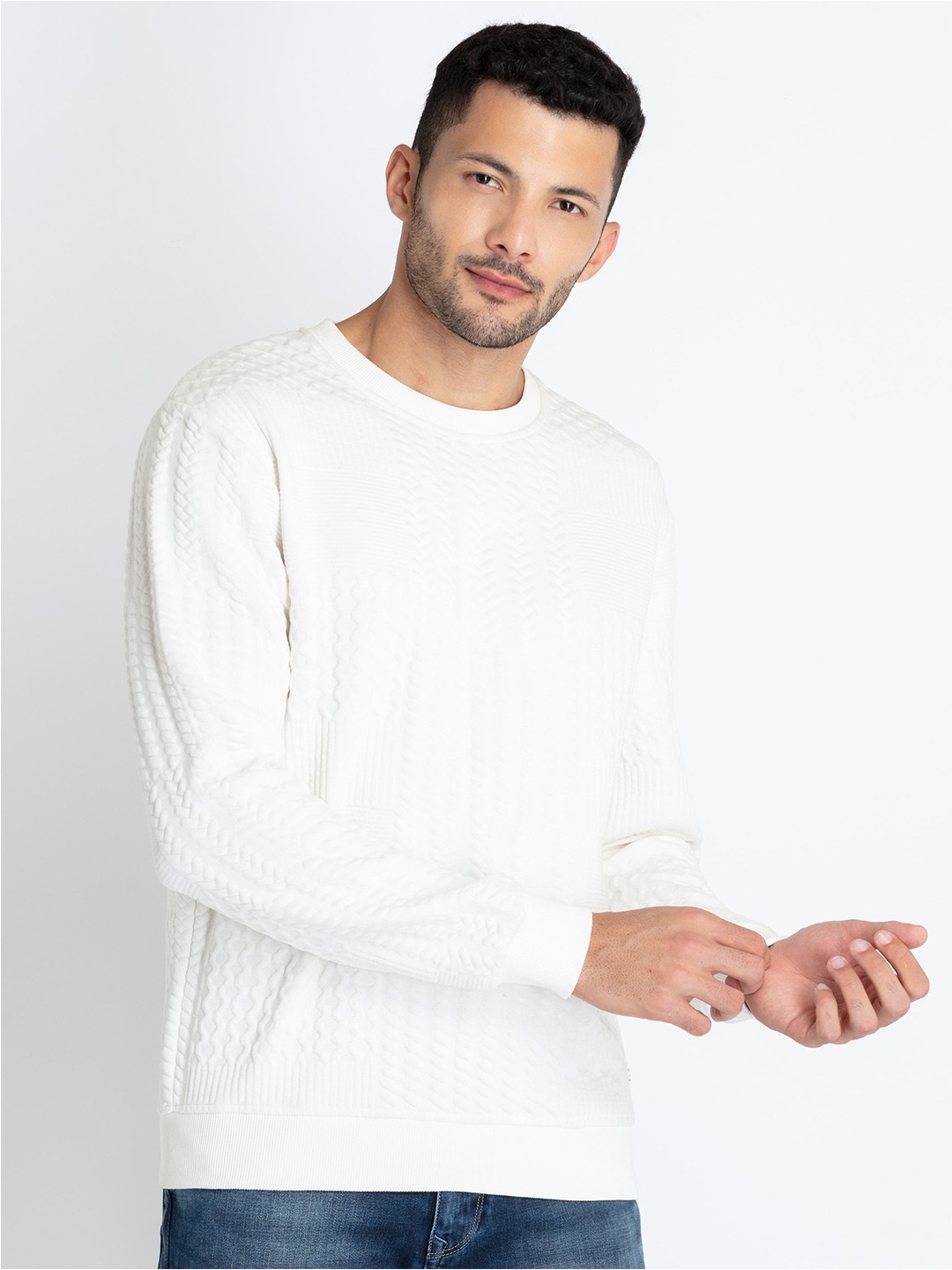 

Status Quo Long Sleeves Round Neck Cotton Pullover, Off white